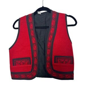 Vintage Handwoven Guatemala Wool‎ Vest Red Black Soutache Embroidery Appliqué M